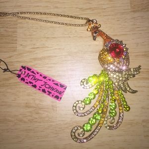 Beautiful Betsey Johnson multi-colored Rhinestone Peacock Necklace
